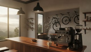 Coffee bar at Sencijo Café with the bike shop visible behind the counter