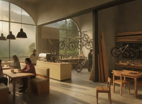 The café interior opening into the bike workshop and the woodshop