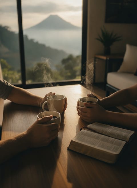Two cups of coffee and an open Bible on the table, the volcano beyond the window