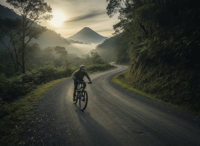 Mountain biker in gloves and layers descending a loose, rocky farm road on the lower slopes of Volcán Barú
