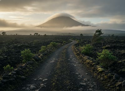 Rough farm track crossing an old lava field on the slopes of Volcán Barú, with the Volcán valley far below