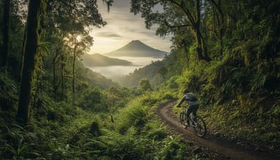 Mountain biker on a quiet farm road in the Chiriquí highlands with green ridgelines behind